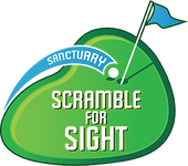 Sanctuary Scramble for Sight logo featuring a green golf-green shape with a white golf ball and flagstick, a blue banner reading “Sanctuary,” and the words “Scramble for Sight” in white text.